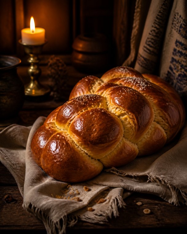 Braided golden challah loaf