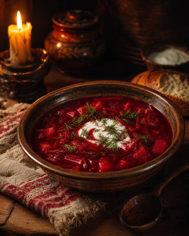 Bowl of ruby beet borscht with sour cream and dill