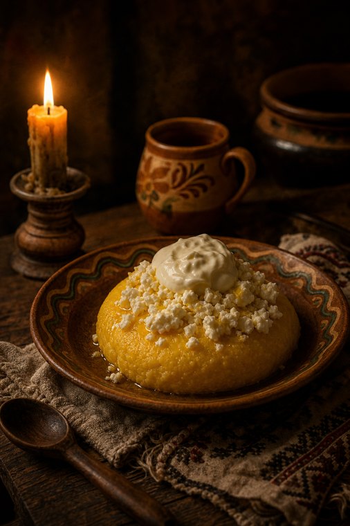Golden cornmeal mamaliga with white cheese