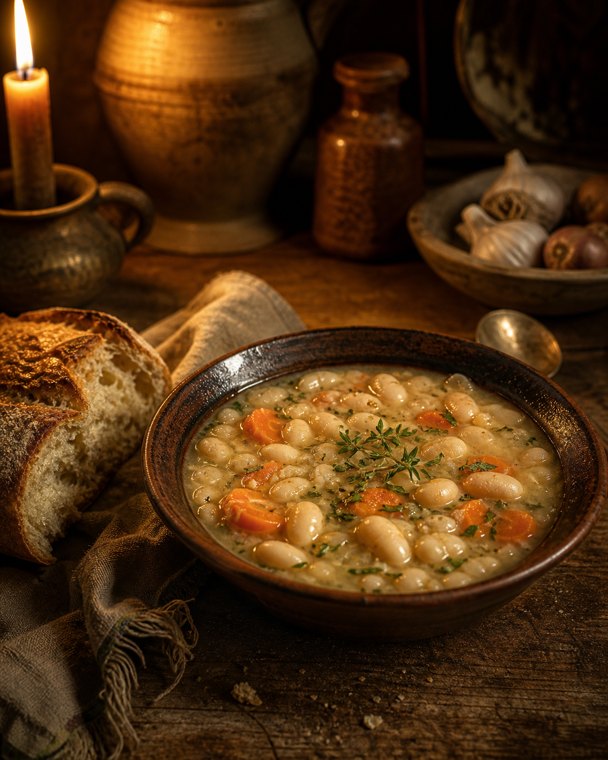 Rustic bowl of white bean stew with bread
