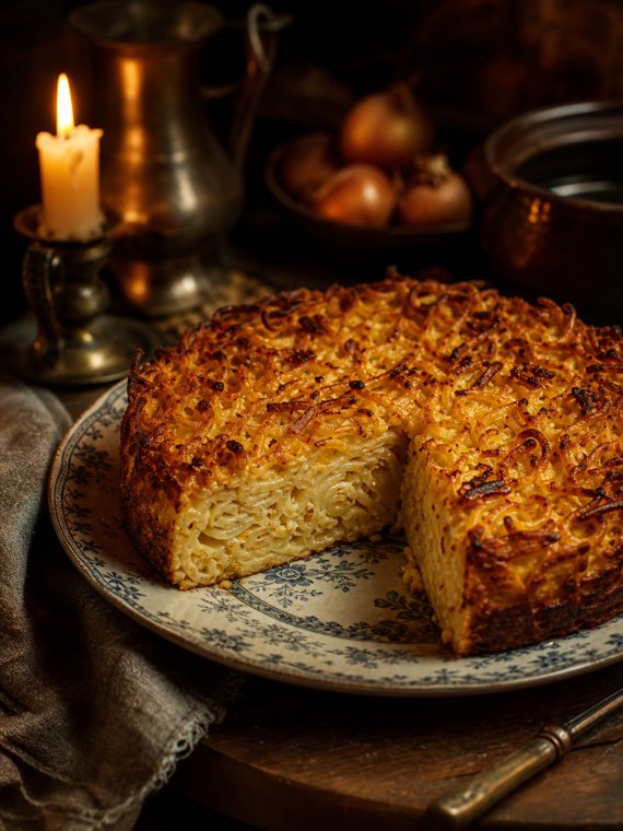 Baked noodle kugel with crisp edges