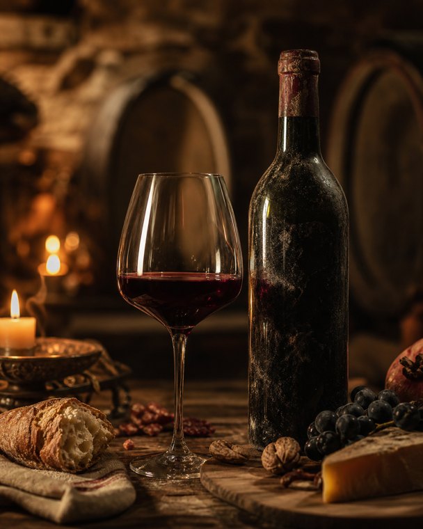 A glass and bottle of red wine in a cellar