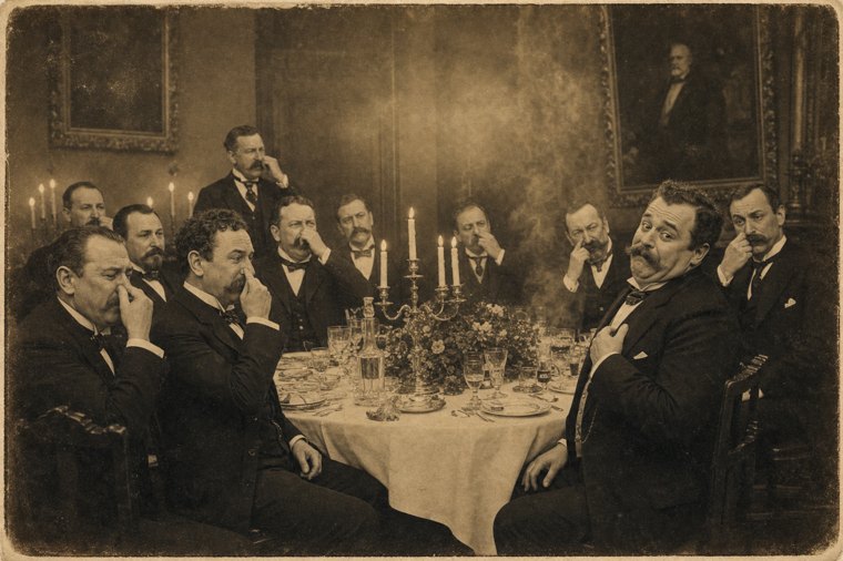 Sepia photograph of mustachioed gentlemen at a banquet