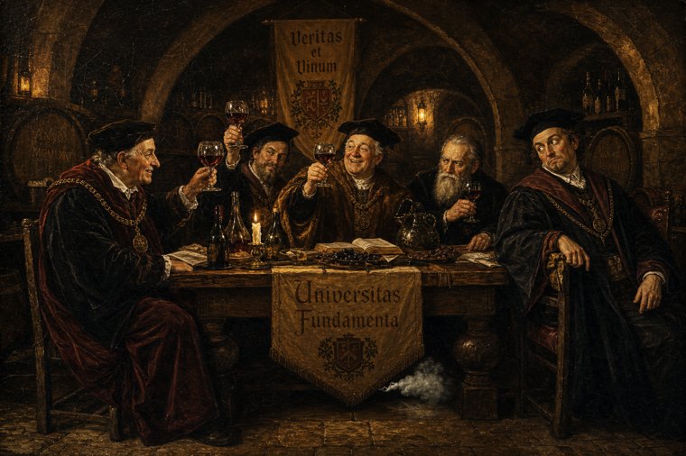 Old-master painting of robed founders toasting in a wine cellar