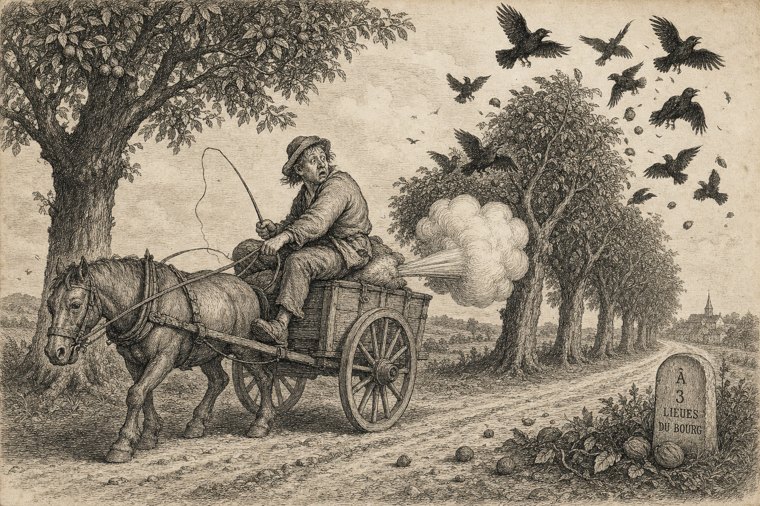 Antique engraving of a traveler on a horse-cart on a tree-lined road