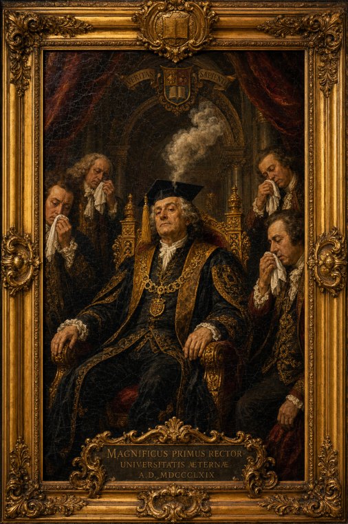 Baroque coronation painting of a rector on a throne with courtiers