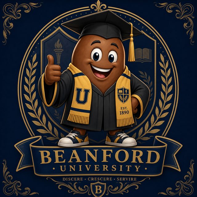 University mascot, a bean in cap and gown