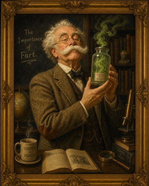 Portrait of a distinguished professor holding a jar of gas